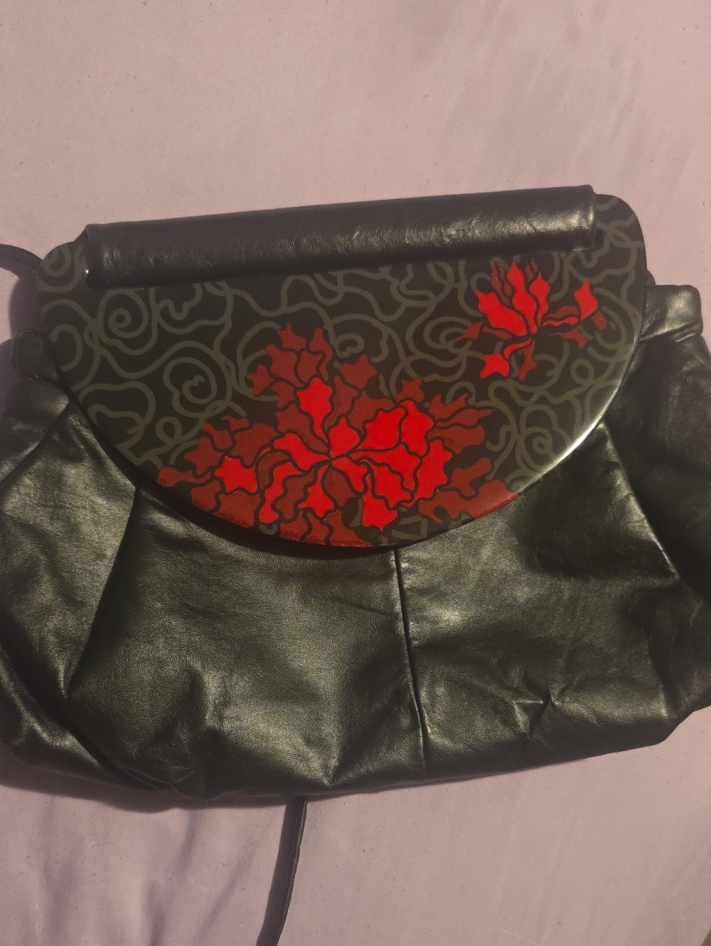 Vintage Black "Moon Bag" with Red Floral Accent Interchangeable Flap